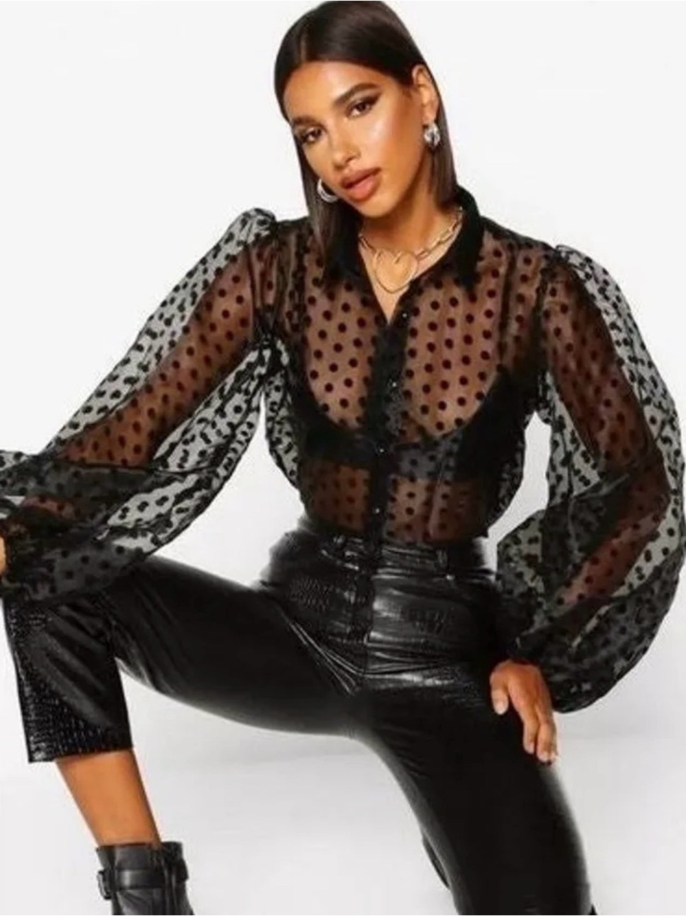 BOOHOO Polka Dot Balloon Sleeve Blouse